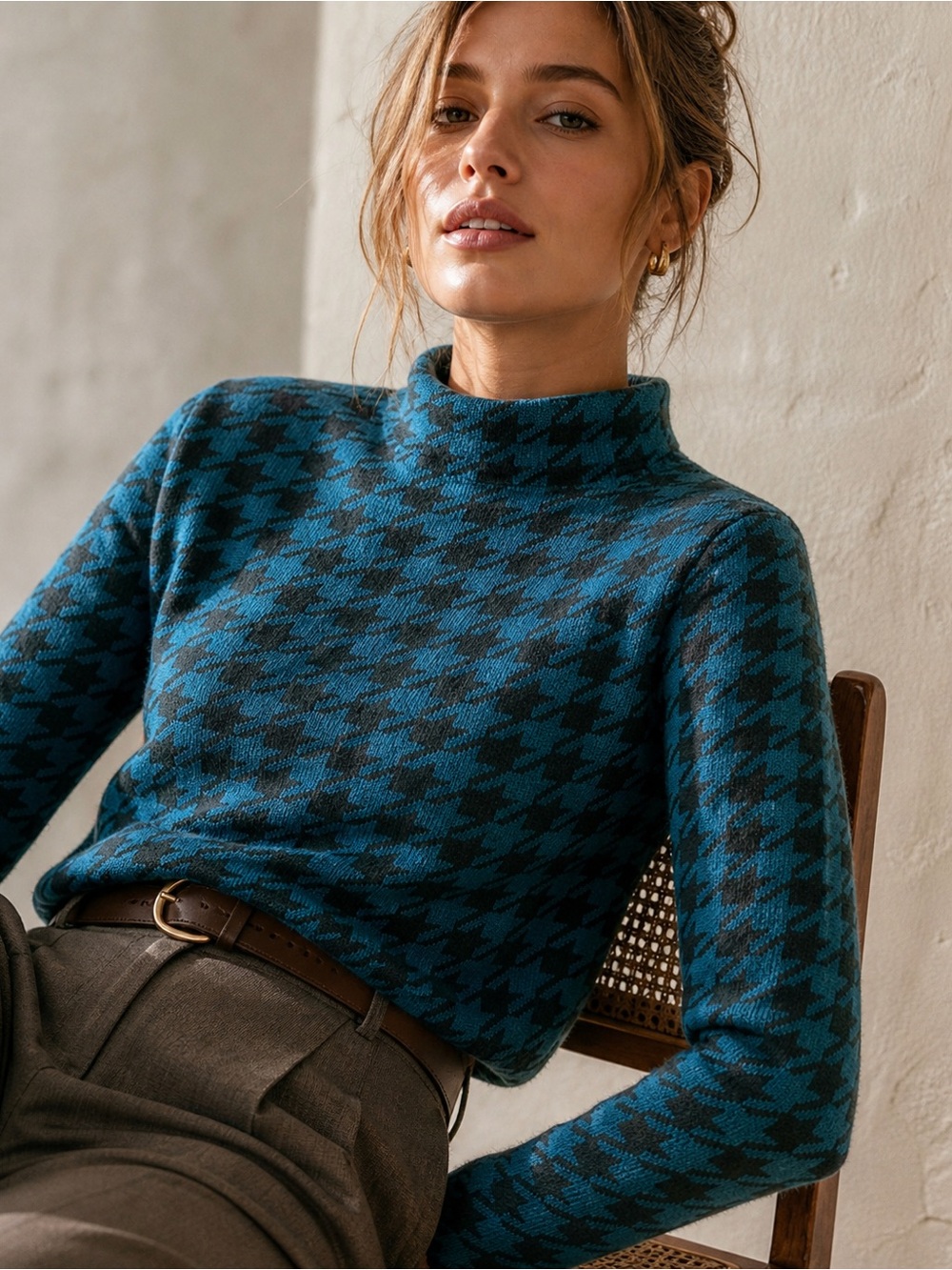 Ann Taylor Teal & Dark Green Houndstooth Knit Sweater XS/S Mock Neck